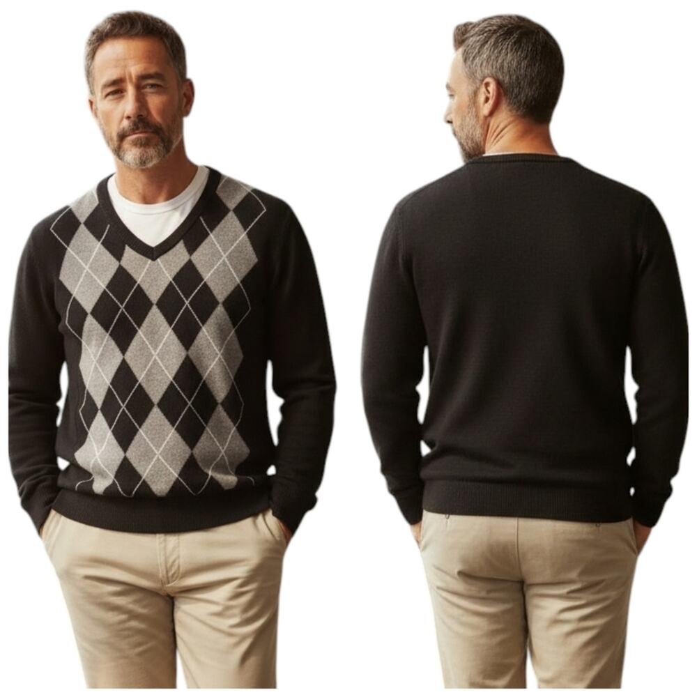 MONTAGUT Argyle V-Neck Wool Blend Sweater XL Black Gray Classic Golf Knit  F375